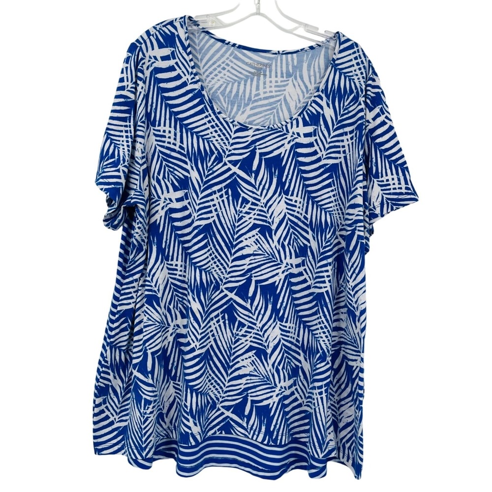 Catherines Top Womens 1X Blue White Palm Print Stripe Short Sleeve Scoop Neck